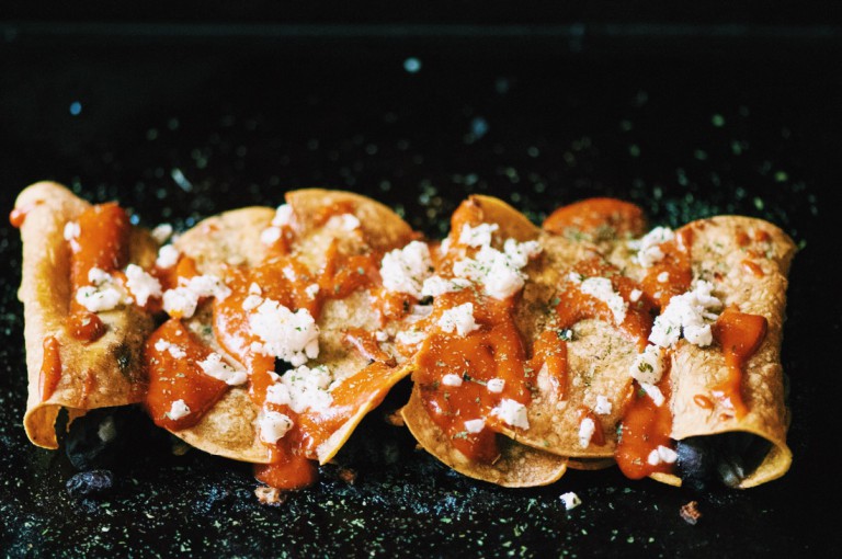 Baked Black Bean & Onion Flautas with Red Chili Drizzle